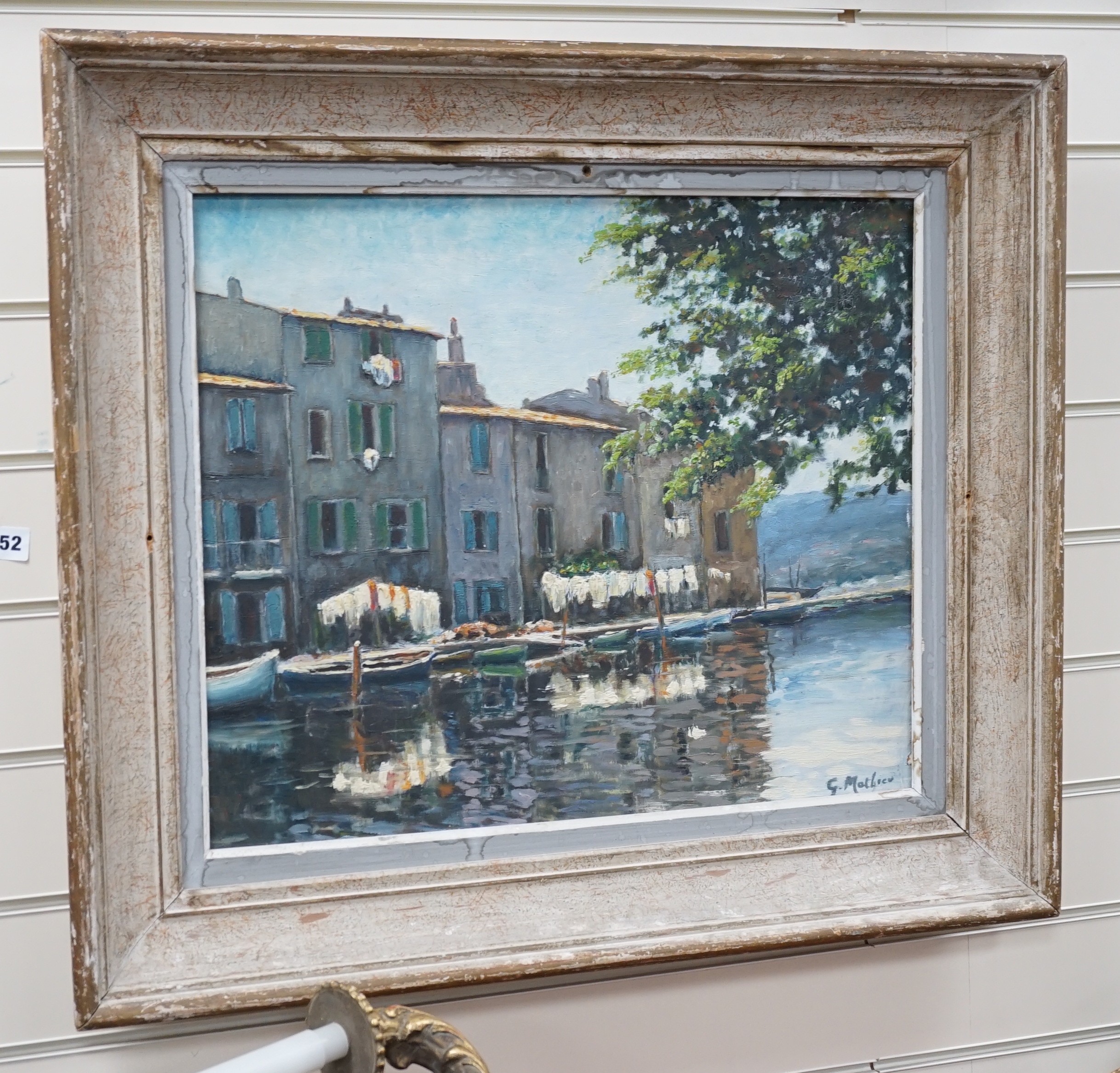Gabriel Mathieu (French, 1843-1921), oil on board, Riverside houses, signed, 45 x 54cm